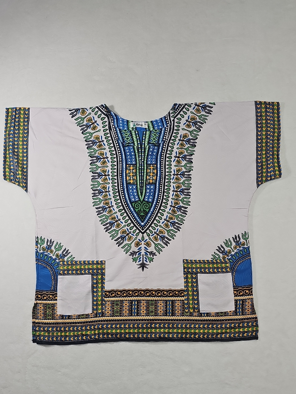 African‎ White Dashiki Dress Shirt with Blue & Green Print